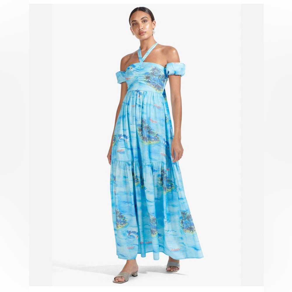 Staud Viviana Blue Tropical Midi Dress (size 6)